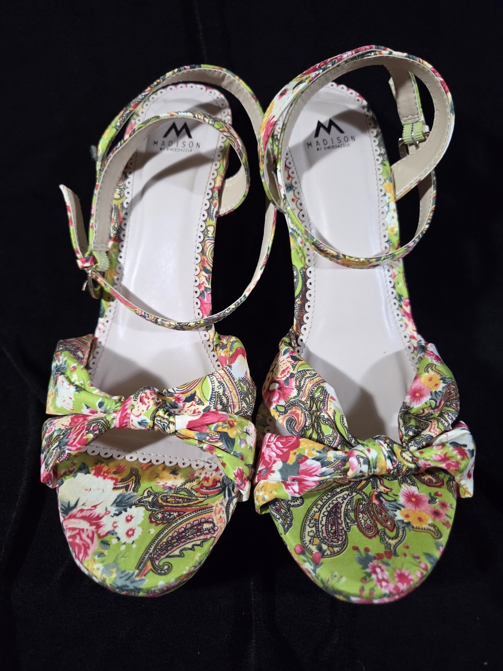 Madison Floral Paisley Bow Ankle-Strap Sandals - Green